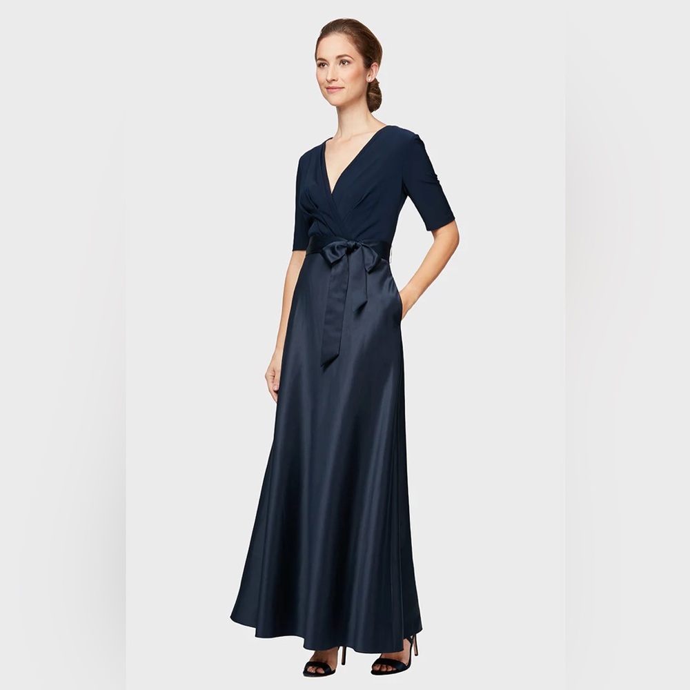 Alex Evenings Tea Length Surpluce Neckline Dress with Tie Waist, Navy, , Size 8